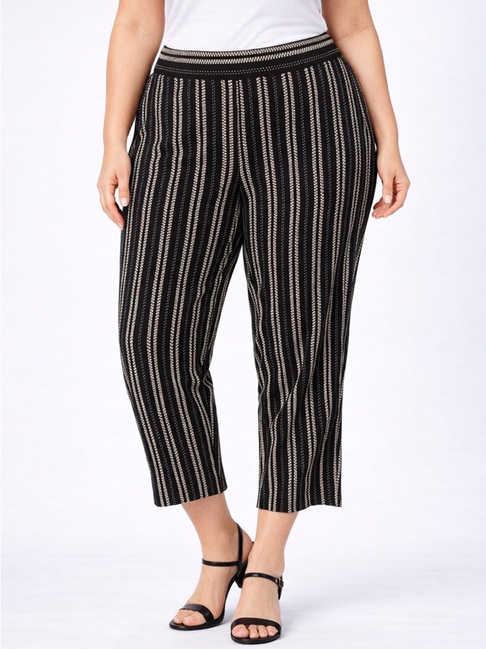 Roz‎ & Ali Black/White Striped Wide Leg Capri Pants, 1x